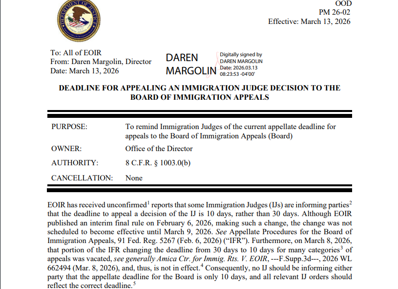 BIA Appeal filing deadline memo March 2026